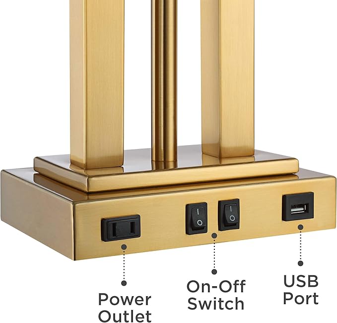 Possini Euro Design Deacon Modern Desk Table Lamp with USB and AC Power Outlet in Base LED Gooseneck 26" High Antique Brass Oatmeal Linen Drum Shade for Living Room Bedroom Bedside Nightstand