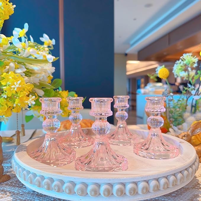 Glass Candlestick Holder,Striped Taper Candle Holders,Set of 6 Candle Stand for Table Centerpieces, Home Decor,Weddings,Festival and Parties (Pink Stripe Pattern)