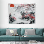 Cherry Blossoms Tapestry, Japanese Red Landscape Asian Watercolor Abstract Art, Bedroom Living Room Decor 40"x30"