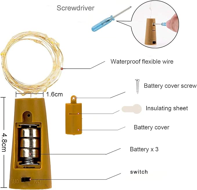 YJFWAL 24Pack 20LED Wine Bottle Lights with Cork, Cork Shape Silver Copper Wire Fairy Mini String Lights Fairy lights Battery Operated for DIY, Party, Wedding, Christmas, Halloween Decor (Warm White)