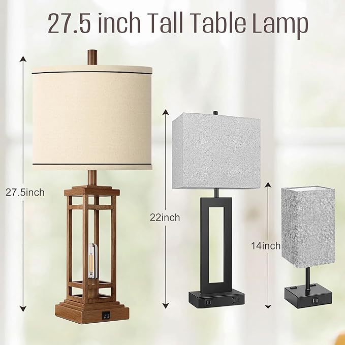 27.5 Tall Farmhouse Table Lamps with USB C + USB A Charge Ports, Rustic Living Room Lamps Set of 2, Black Industrial End Table Lamp for Bedroom Living Room Nightstand (Wood)