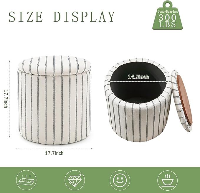 Wimarsbon 18inch Storage Ottoman with Detachable Tray, Mid Century Large Capacity Oversized Ottomans, Multifunctional Small Center End Tables, Suitable for Modern Home Styles (Round)