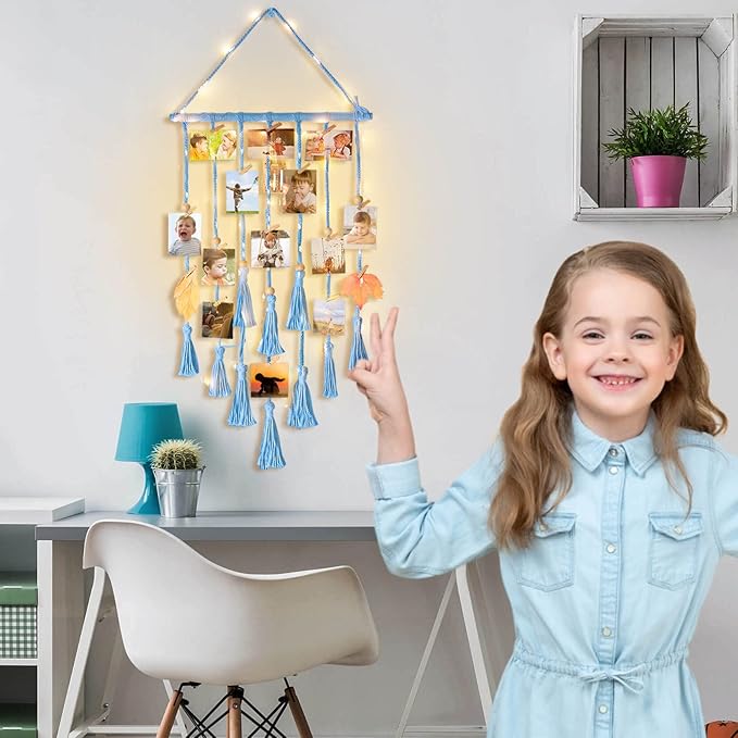 Homecor Hanging Photo Display Wall Decor, Blue Macrame Hanging Boho Room Bedroom Decor, Picture Frame Collage with Light & 30 Clips, Christmas Teenage Teen Girl Gifts Ages 10 11 12 13 14 Years Old
