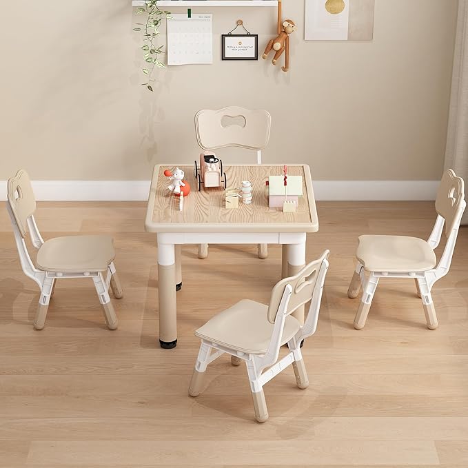 Kid Table and Chairs, Height Adjustable Childrens Table and Chair Set, Kids Tables for Age 2-8, Graffiti Desktop, Table for Kids with 4 Seats, Small Kids Table, Max 300lbs