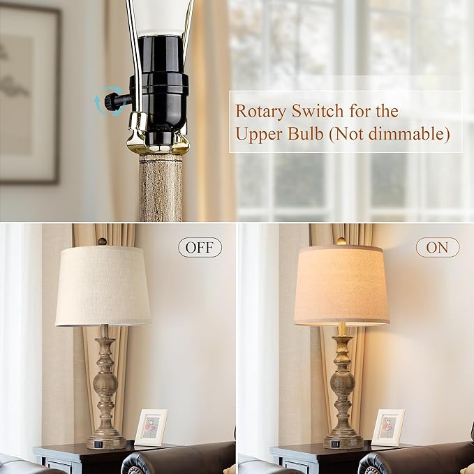 Farmhouse Table Lamps for Living Room Set of 2, Rustic Table Lamp with USB Ports, 28" Tall Table Lamps for Bedroom Nightstand, Bulb Not Included