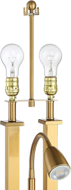 Possini Euro Design Deacon Modern Desk Table Lamp with USB and AC Power Outlet in Base LED Gooseneck 26" High Antique Brass Oatmeal Linen Drum Shade for Living Room Bedroom Bedside Nightstand