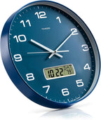 Wall Clock, 14" Large Dial Non-Ticking Silent Battery Operated Analog with LCD Display for Perpetual Calendar and F° Temperature, Ideal Modern Home, Bedroom, Kitchen, Office Decor (Blue)