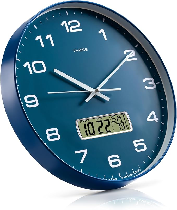 Wall Clock, 14" Large Dial Non-Ticking Silent Battery Operated Analog with LCD Display for Perpetual Calendar and F° Temperature, Ideal Modern Home, Bedroom, Kitchen, Office Decor (Blue)