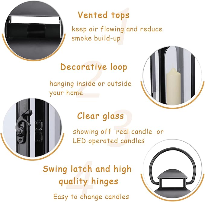 Bdor 2 Pack Large Luxury Lantern Decorative Tall 20 Inches Black Metal Hurricane Lanterns with Tempered Glass Panels for Front Porch,Tabletop, Mantle, Wall Hanging, or Garden, Indoor & Outdoor Décor