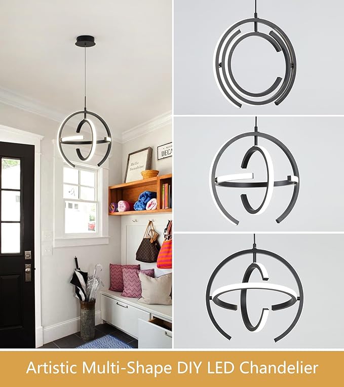 Q&S Modern Led Chandelier,Black Round Globe Hanging Pendant Light for Entryway Kitchen Island Dining Room Living Room Stairway