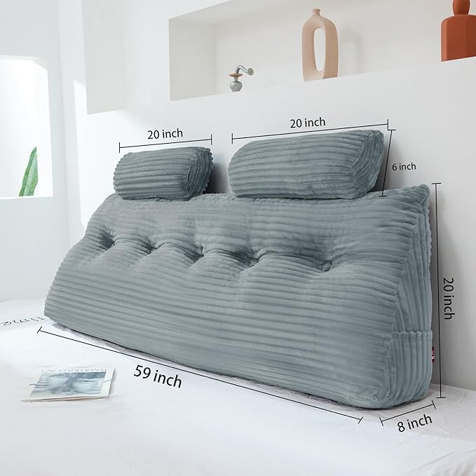 Headboard Wedge Pillow with 2 Pack Neck Roll Pillow Large Headboard Pillow Soft and Supportive with Removable Cover (Light Grey, Queen:59x8x20 Inches)