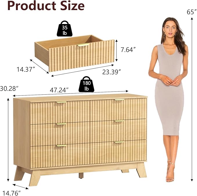 Fluted Dresser for Bedroom,6 Drawer Dresser for Closet,47" Wide Storage Cabinet and Chest of Drawers with Gold Handle,TV Stand,Storage Organizer for Living Room,Hallway,Entryway,Nature Oak