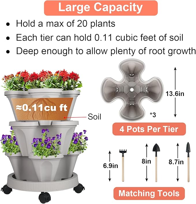 Vertical Planter 3 Tier Stackable Planters Garden Planters Strawberry Herb Flower and Vegetable Planter Indoor Outdoor Gardening Pots with Removable Wheels and Tools 2-Pack