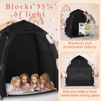 Blackout Tent for Pack and Play - Pack N Play Blackout Cover - 1-Click Setup Portable Sleep Pod with Monitor Pouch & 2 Fan Pouch, Black Out Tent Blocks 95% Light