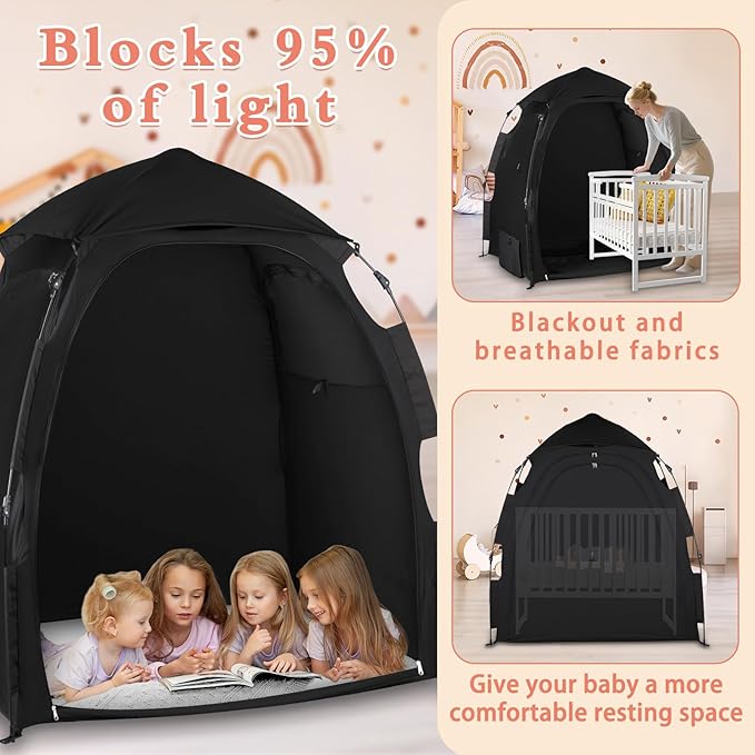 Blackout Tent for Pack and Play - Pack N Play Blackout Cover - 1-Click Setup Portable Sleep Pod with Monitor Pouch & 2 Fan Pouch, Black Out Tent Blocks 95% Light