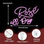 Rose All Day Neon Sign LED Pink Rose Neon Light For Wall Decor Dimmable USB Words Light Up Sign for Bedroom Wedding Party Atmosphere Decor Lovers Gift(12.2 * 16.1 In)