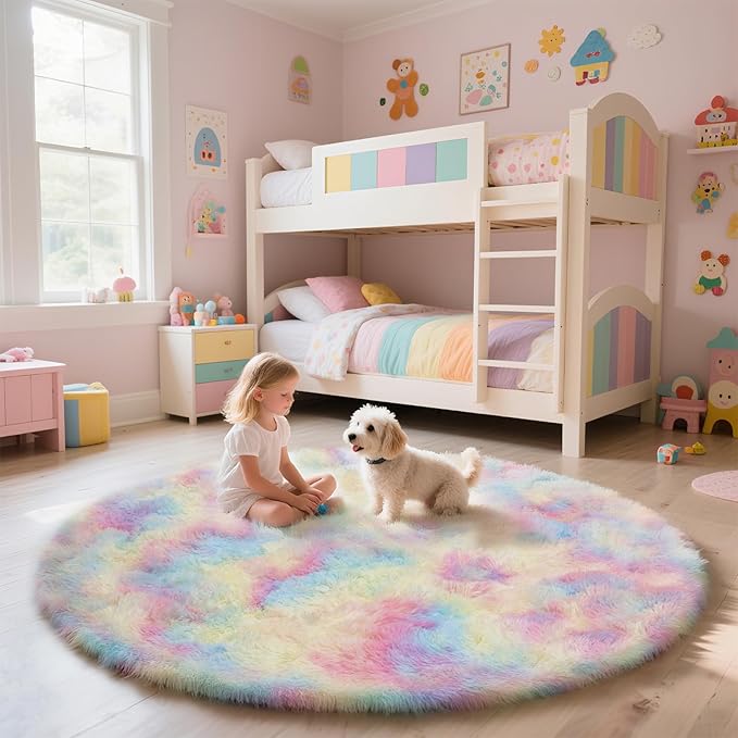 Rainbow Fluffy Round Area Rugs for Bedroom,6'X6'Shag Circle Area Rugs for Girls Room,Non Slip Fuzzy Plush Rug for Kids Room Living Room and Dorm Home Decor Rug
