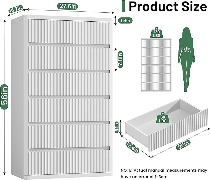 56" Tall Dresser for Bedroom, White Fluted Dresser with 6 Deep Drawers, Modern Chest of Drawers with Curved Profile, Handleless, Wooden Drawer Organizer for Living Room, Hallway, Closet