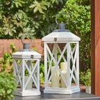 Glitzhome Mondern Farmhouse Wooden Lantern Hanging Decorative Candle Lantern for Outdoor & Indoor Wash White Set of 2 (No Glass)