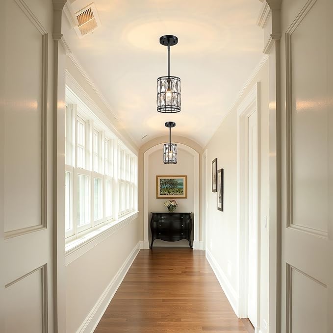 Modern Crystal Pendant Light Fixture 2-Pack Matte Black Finish Hanging Lighting Crystal Chandelier for Living Room, Kitchen