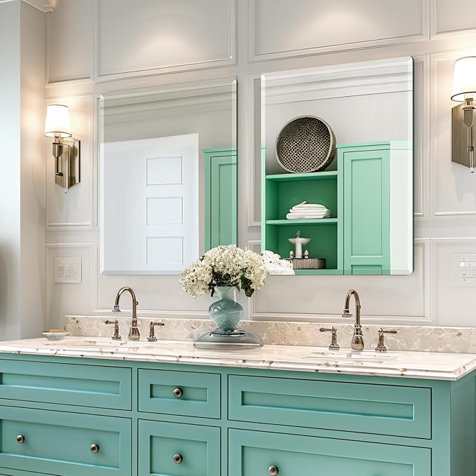 Mirrorons Beveled Mirror, Wall Mirror 24" x 32", Frameless Rectangle Bathroom Mirror with Beveled Edge, Hangs Horizontally or Vertically. Rounded Corner Tempered