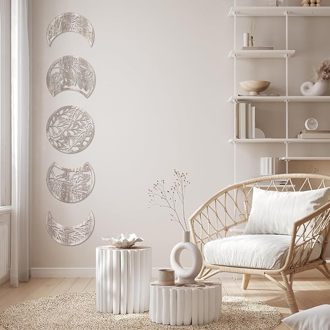 Jetec 5 Pcs Moon Phase Wall Art Decor Wall Pediments Hanging Wooden Moon Phase Spiritual Bedroom Nordic Boho Lunar Aesthetic Art for Living Room Dorm Apartment Bar Ornament(Retro Color,15.75 Inch)