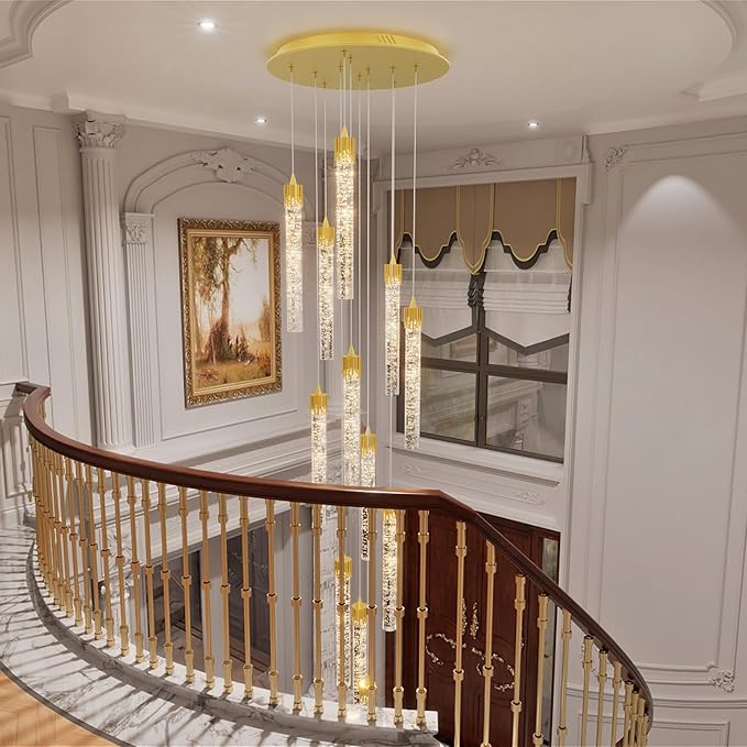 8-Light Led Chandelier, Gold Crystal Modern Led Chandelier for Dining Room, Luxury Enterway Led Dimmable Pendant Lights Fixture with Remote Control Flush Mount