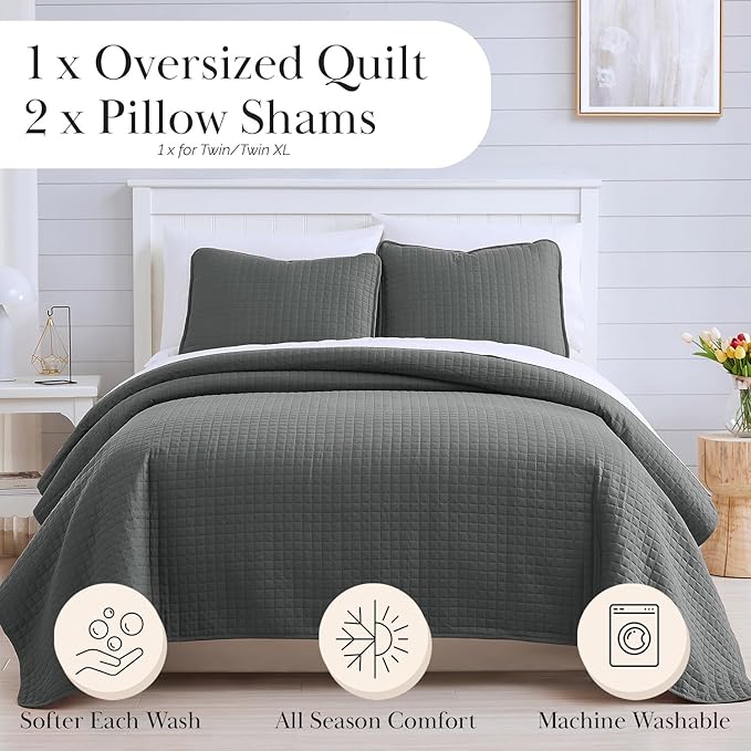 Southshore Fine Living, Inc. Twin Summer Quilts Set, Quilted Grey Bedspread Twin/XL Quilts with Matching Pillow Sham, Soft Microfiber, Lightweight Quilt Coverlet Set, Easy Care, Slate Grey