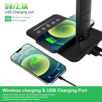Desk Lamp with Wireless Charger，USB Charging Port, Dimmable Office Desk Light with Clock, Alarm, Date, Temperature, Foldable Lamp for Table Bedroom Bedside Office (Black Pro, Standard Size-13.3 inch)