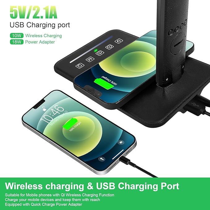 Desk Lamp with Wireless Charger，USB Charging Port, Dimmable Office Desk Light with Clock, Alarm, Date, Temperature, Foldable Lamp for Table Bedroom Bedside Office (Black Pro, Standard Size-13.3 inch)