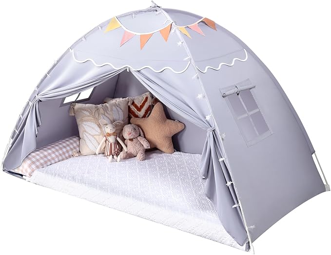 Sumbababy Toddler Bed Tent Canopy: Lights & Flags Indoor Floor Bed Kids Tent Playhouse - Portable & Foldable Twin Bunk Bed Curtains - Girls & Boys Bedroom Privacy Space Sleeping Tents Gifts (Gray)