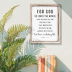 Christian Wooden Sign, Living Room Decors, Bible Verse Decor, Rustic Home Decor, Religious Artwork for Wall, Framed Wall Plaque Sign 15 * 11.5 inches, For God So Loved the World