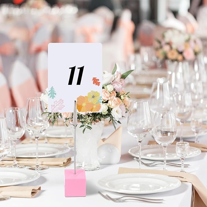 20 Pcs Cube Base Memo Clip Holder with Alligator Clip Wood Table Number Holder Cube Base Place Card Stand Mini Photo Menu Stand for Displaying Number Card(Pink)