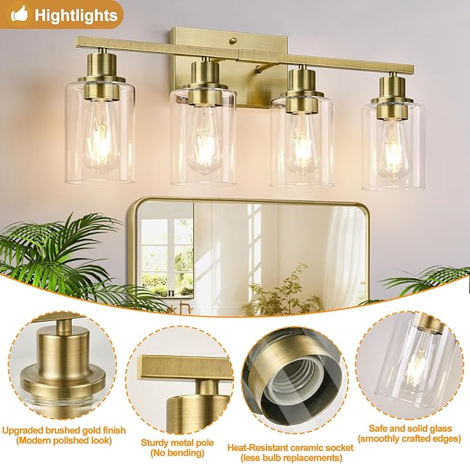 4 Light Bathroom Light Fixtures, Brass Vanity Lights for Bathroom with Clear Glass Shades, Modern Bathroom Wall Sconces for Mirror Living Room Cabinet