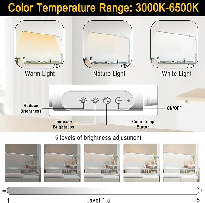 CGBE Nail Light for Desk: 360° Adjustable Nail Lamp for Desk with 3 Color Modes 5 Brightness, 23.6-Inch Led Desk Lamp for Salon Manicurist Tattoo Crafts Sewing Work Reading Game