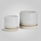 6 + 8 Inch Plant Pots, Ceramic Planter Pot with Drainage Hole & Saucer, Indoor/Outdoor Cylinder Round Planter Pot, Cream & Beige