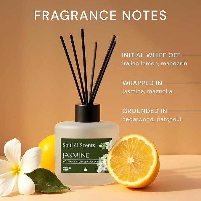Soul & Scents Reed Diffuser Set – Jasmine | 7.43 oz Refillable Scented Oil with 6 Fiber Sticks | Long-Lasting Home Fragrance & Air Freshener for Bedroom, Bathroom, Office | Gift & Décor Piece