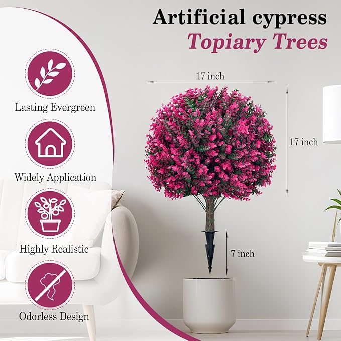Artificial Topiary Tree with Pink Eucalyptus, Set of 2-17in UV Resistant Fake Evergreen Tree for Porch, Outdoor Artificial Plants for Planters - Ground Spike Included FZHCZWZX