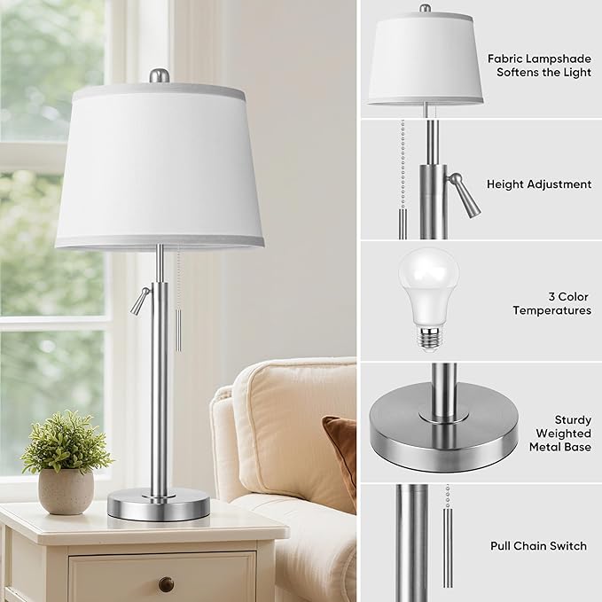PARTPHONER Bedside Lamps Set of 2, Tall Table Lamps for Living Room, Height Adjustable Nightstand Lamps for Bedroom Office, Modern End Table Lamps with Pull Chain(LED Bulbs Included), Sand Nickel