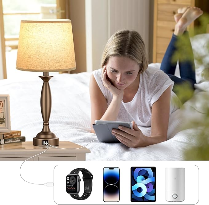 Beige Brown Lamps for Bedrooms Set of 2 - Touch Control Bedside Lamp with USB C+A, 3 Way Dimmable Nightstand Lamps with USB Port, Table Lamp for Living Room(Beige Shade and Brown Base)