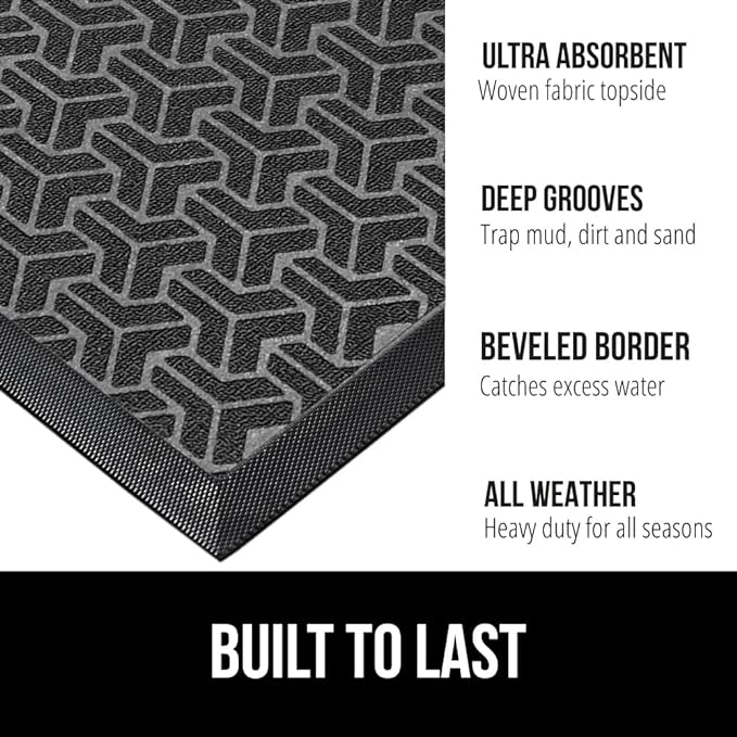 GORILLA GRIP 100% Waterproof All-Season WeatherMax Doormat, 47x35, US Designed Natural Rubber, Stain and Fade Resistant, Low Profile Indoor Outdoor Door Mats, Easy Clean Patio Mat, Slate Geometric