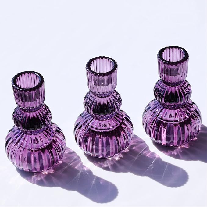 Woho Set of 6 Purple Taper Candle Holders 4.3" H for Halloween Decorations, Vintage Ribbed Glass Candlestick Holders for Wedding Table Centerpiece, Candle Sticks Holder Decor for Holiday Home Decor
