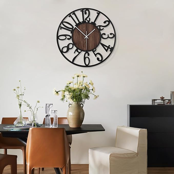 LEIKE Large Wall Clocks for Living Room,Silent,Non Ticking,Battery Operated Oversized Vintage Round Modern Wood Wall Clock for Bedroom,Farmhouse,Office Home Decor-24 Inch(Black-Arabic Number)