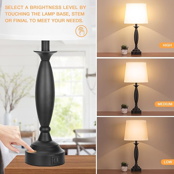 White Lamps for Bedrooms Set of 2 - Touch Control Bedside Lamp with USB C+A, 3 Way Dimmable Nightstand Lamps with USB Port, Table Lamp for Living Room(White Shade and Black Base)