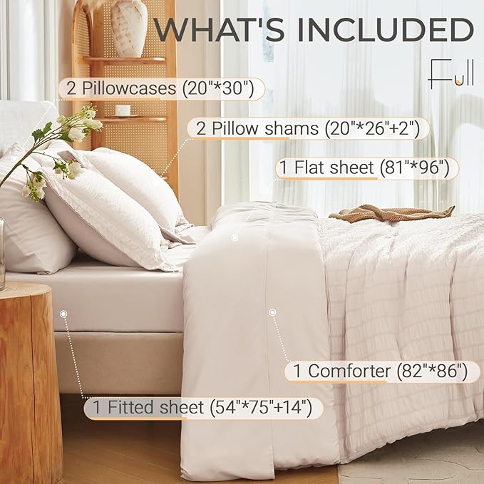 MUXHOMO 7 Pieces Full Comforter Set, Seersucker Bed in a Bag Full Size, All Season Luxury Bedding Set with Comforter, Flat Sheet, Fitted Sheet, Pillowcases & Shams, Beige