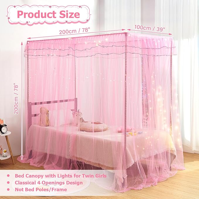 Twin Size Bed Canopy with Lights, Bed Canopy for Girls Princess with Luminous Stars, Canopy Bed Curtains for Twin Bed Kids Indoor Decor Bedroom, 4 Corner Post Bunk Bed for Student Dormitory, Pink