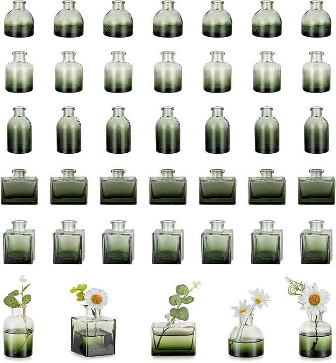 Hewory Small Glass Bud Vases for Centerpieces 40pcs Green Sturdy Cute Flower Vases Bulk, Mini Bottle Vase for Wedding Home Decor Birthday Party Events Mother's Day Bridal Shower Gifts Table Decor
