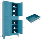 71 "Farmhouse Metal Filing Cabinet with a Drawer and 4 Adjustable Shelves, with 4 Large barn Door White Kitchen Cabinets, Metal Food Cabinets for Home, Kitchen, Dining/Living Room (Peacock Blue)