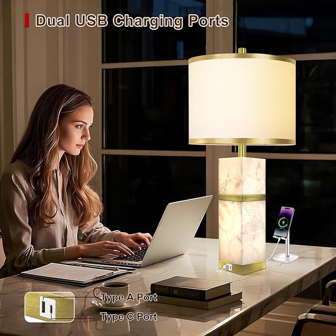 Natural Alabaster Table Lamps Set of 2 - Table Lamp with Night Light for Bedroom,Nightstand Lamps with USB Ports,Bedside Lamps with Linen Fabric Shade for Living Room,Bedroom,Office,Bar(Bulb Included)