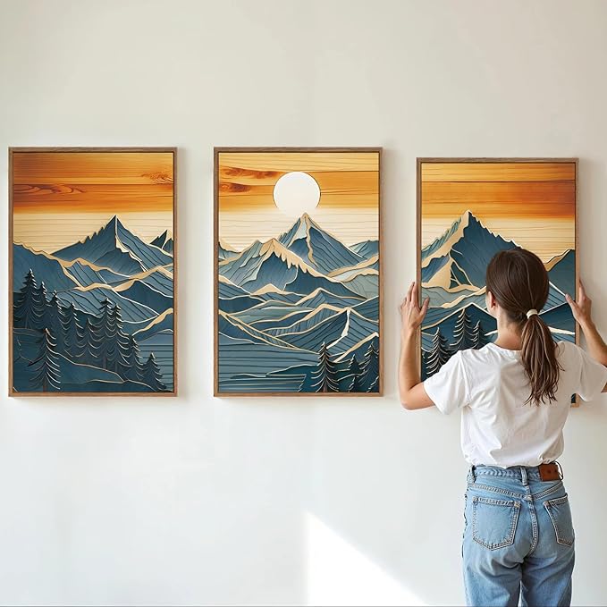 Tinonedraw Vintage Mountain Framed Canvas Wall Art Set of 3, Boho Nature Wilderness Art Prints, Mid Century Modern Ridge Scenery Wall Decor, Sunrise Forest Woodcut Style Art Paintings for Living Room Bedroom, Office 16"x24"